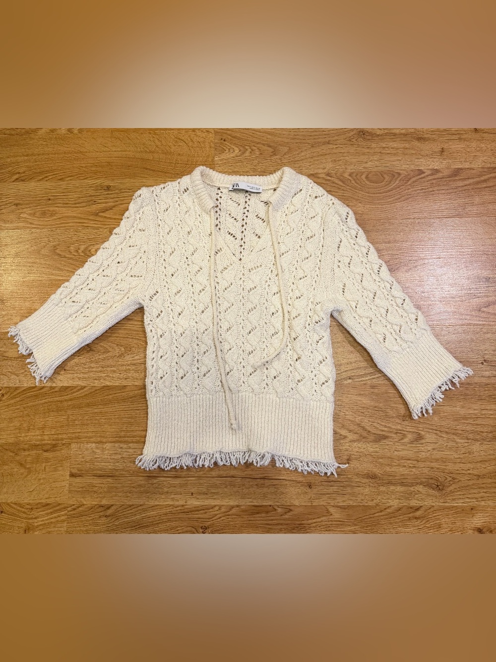 Zara Open Knit Lace Up Fringe Sweater